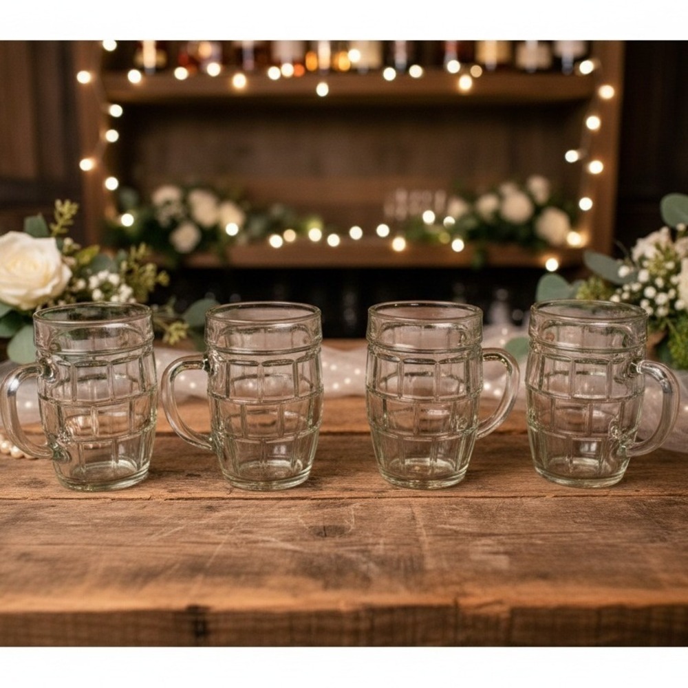 VTG Anchor Hocking 4 Windowpane Barrel Root Beer Mugs Pale Green Tint Glassware